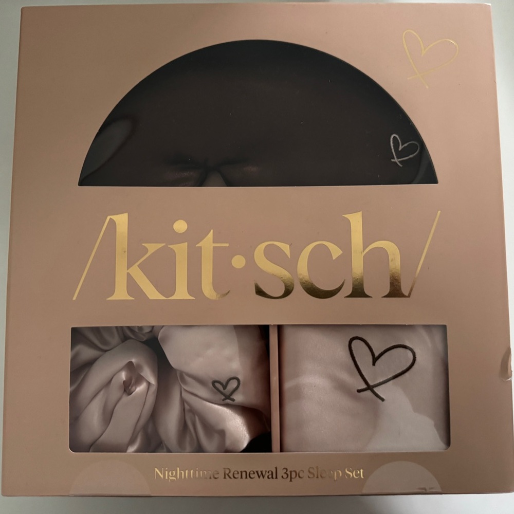 Kitsch Satin Sleep Set in Pink and black out eye mask.